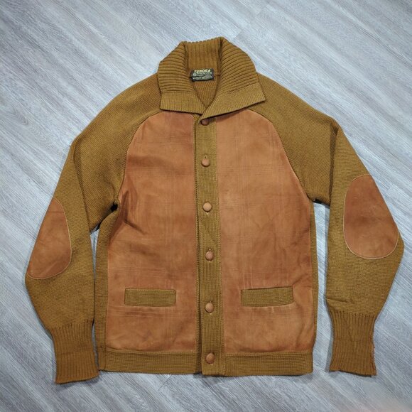 Tundra Other - Vintage Tundra Cardigan Sweater Men's Medium Brown Knit Suede Elbow Patches 80s